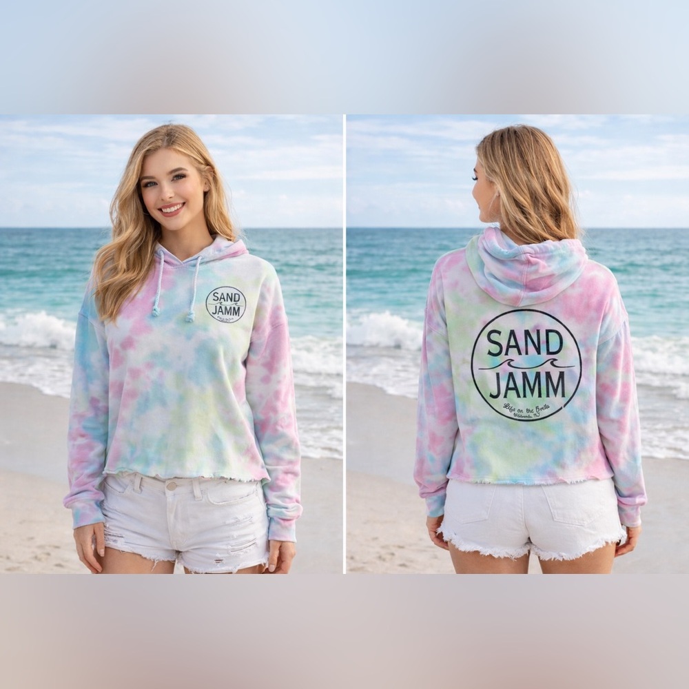 SAND JAMM Wildwood NJ Tie Dye Raw Hem Cropped Hoodie Sweatshirt S Jersey Shore